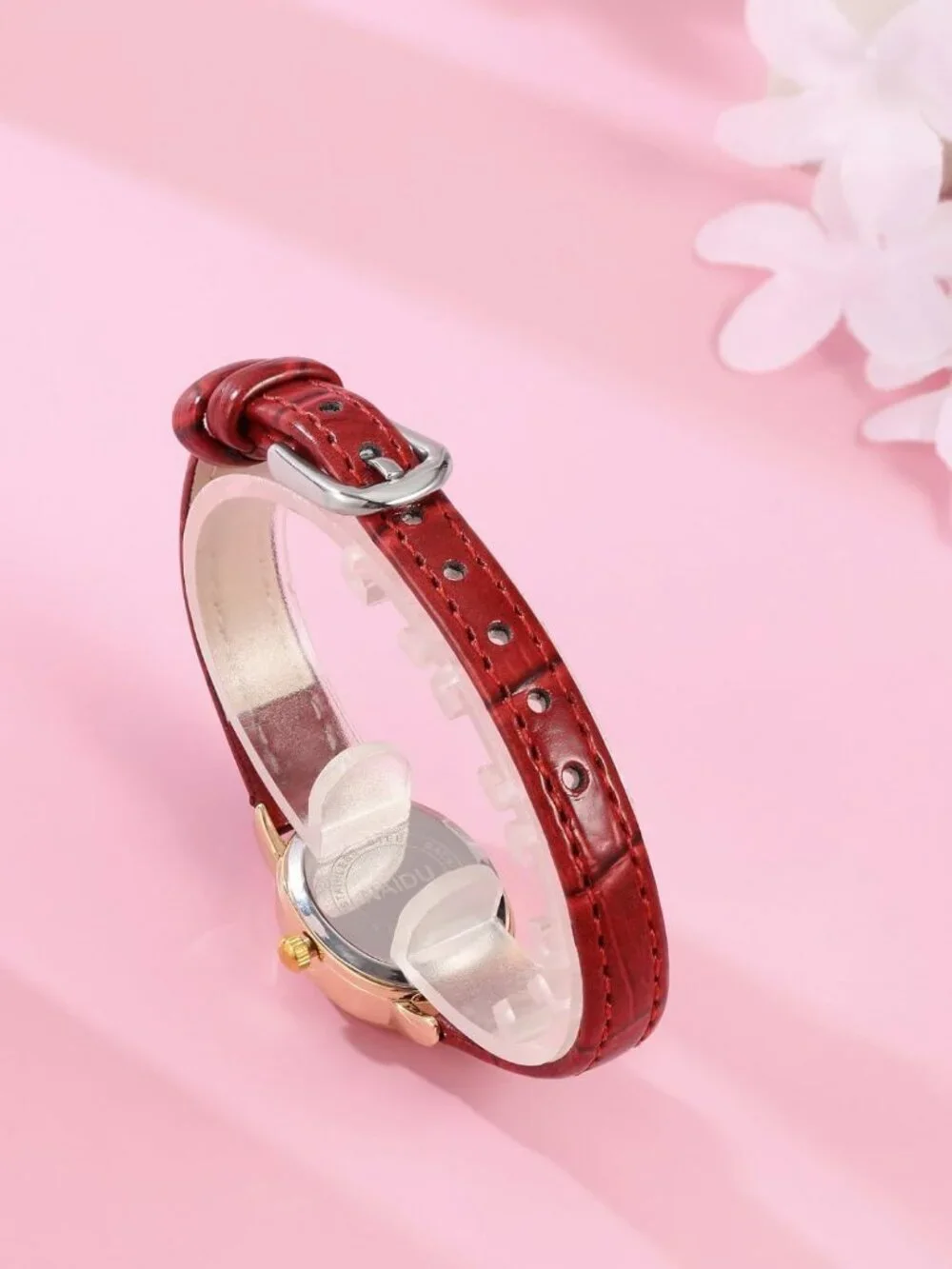 Women's Red White Analog Quartz Classic Oval Case PU Leather Casual Wrist Watch